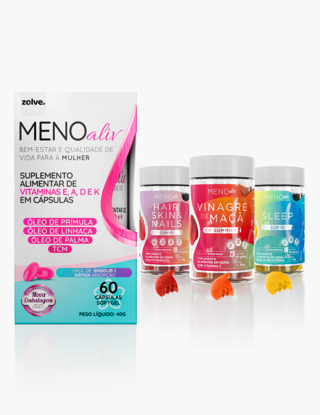 Meno Aliv + Gummy Hair, Skin &amp; Nails + Gummy Vinagre de Maçã + Gummy Sleep - 1 Pote de cada