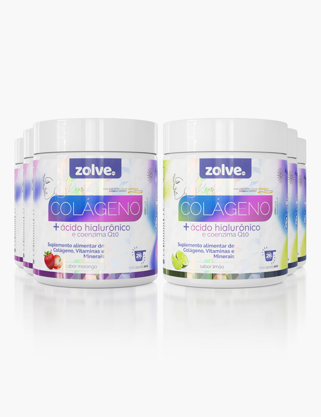 Zolve Skin Colágeno Verisol® Limão + Zolve Skin Colágeno Verisol® Morango - 3 Potes de cada